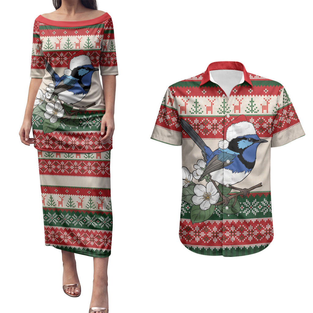Aussie Fairy-wren Christmas Couples Matching Puletasi and Hawaiian Shirt Festive Knitted Pattern Inspired