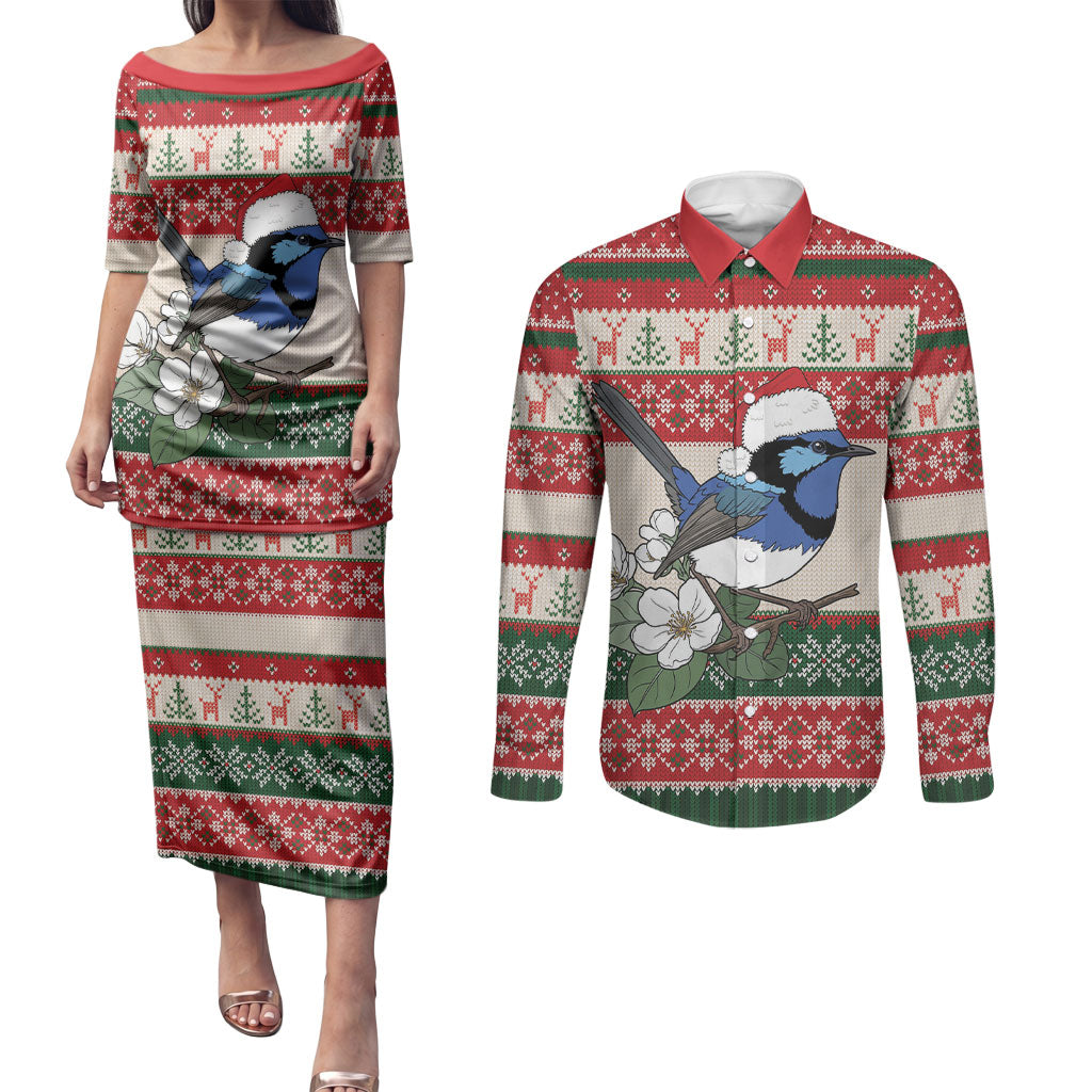 Aussie Fairy-wren Christmas Couples Matching Puletasi and Long Sleeve Button Shirt Festive Knitted Pattern Inspired