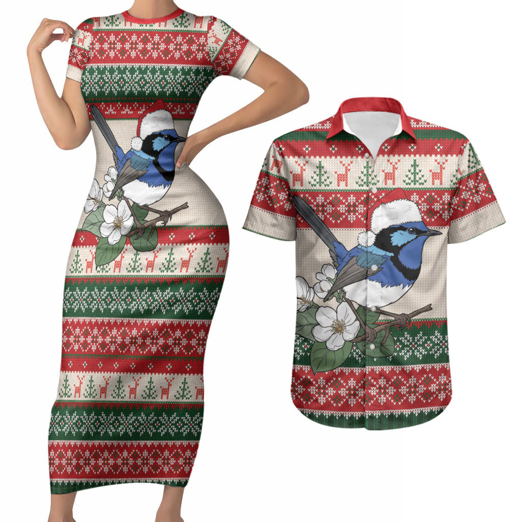 Aussie Fairy-wren Christmas Couples Matching Short Sleeve Bodycon Dress and Hawaiian Shirt Festive Knitted Pattern Inspired