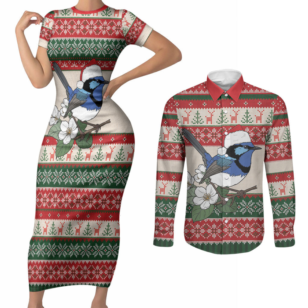 Aussie Fairy-wren Christmas Couples Matching Short Sleeve Bodycon Dress and Long Sleeve Button Shirt Festive Knitted Pattern Inspired