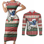 Aussie Fairy-wren Christmas Couples Matching Short Sleeve Bodycon Dress and Long Sleeve Button Shirt Festive Knitted Pattern Inspired