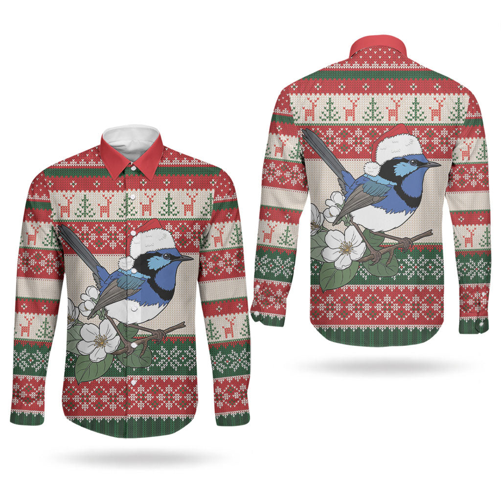 Aussie Fairy-wren Christmas Couples Matching Short Sleeve Bodycon Dress and Long Sleeve Button Shirt Festive Knitted Pattern Inspired