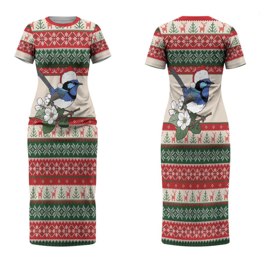 Aussie Fairy-wren Christmas Couples Matching Short Sleeve Bodycon Dress and Long Sleeve Button Shirt Festive Knitted Pattern Inspired