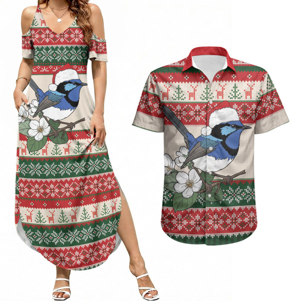 Aussie Fairy-wren Christmas Couples Matching Summer Maxi Dress and Hawaiian Shirt Festive Knitted Pattern Inspired
