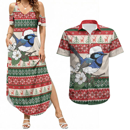 Aussie Fairy-wren Christmas Couples Matching Summer Maxi Dress and Hawaiian Shirt Festive Knitted Pattern Inspired