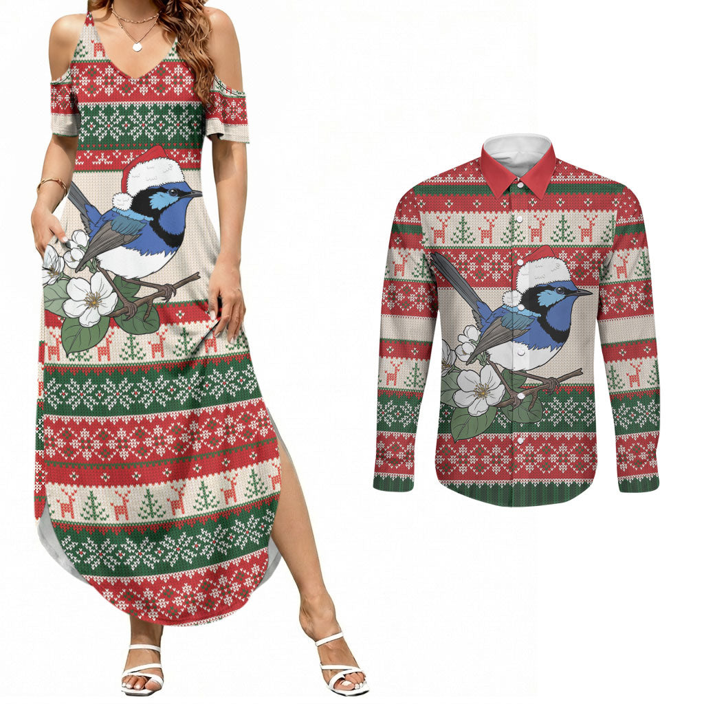 Aussie Fairy-wren Christmas Couples Matching Summer Maxi Dress and Long Sleeve Button Shirt Festive Knitted Pattern Inspired