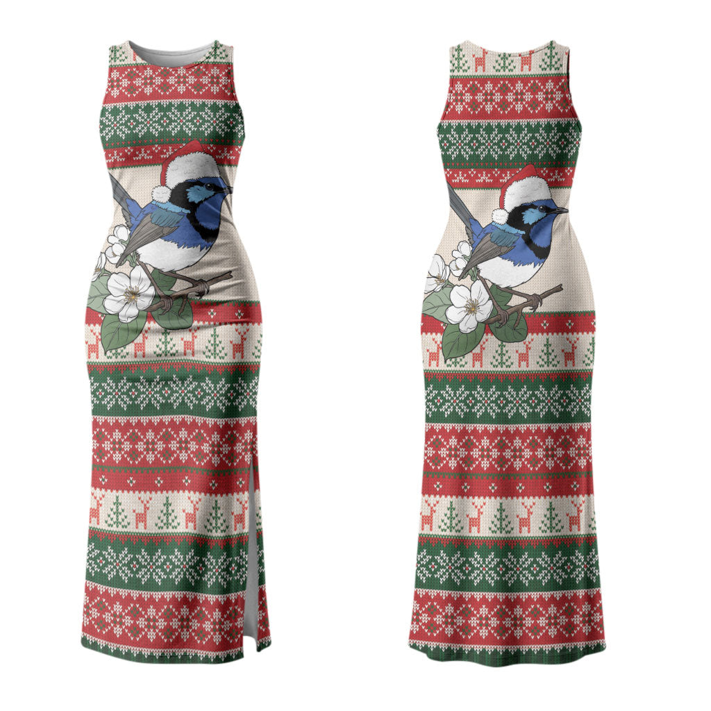 Aussie Fairy-wren Christmas Couples Matching Tank Maxi Dress and Long Sleeve Button Shirt Festive Knitted Pattern Inspired