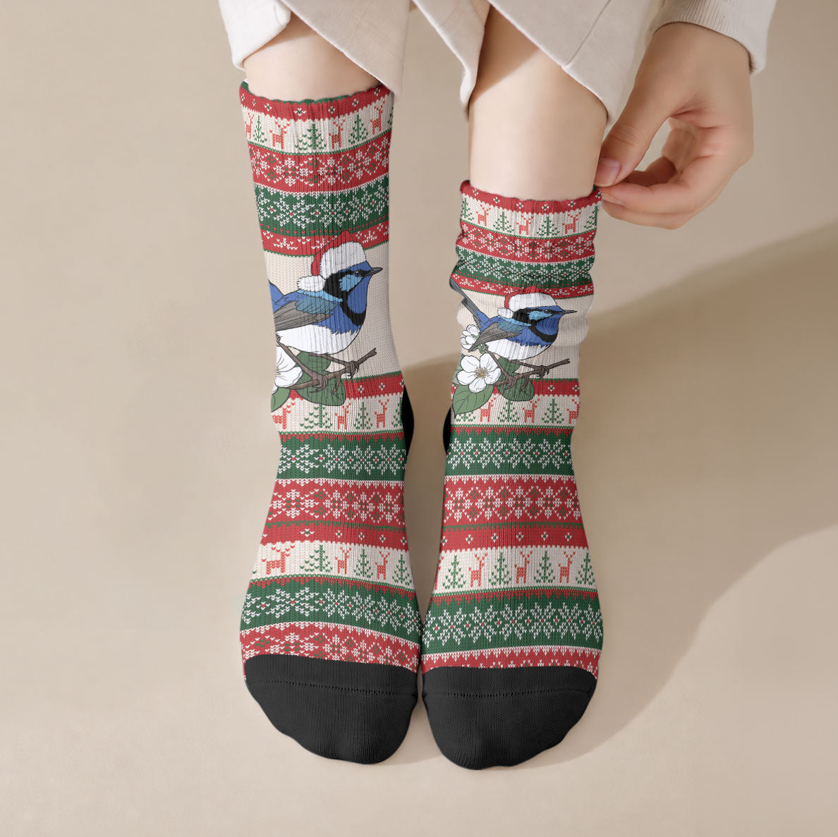Aussie Fairy-wren Christmas Crew Socks Festive Knitted Pattern Inspired