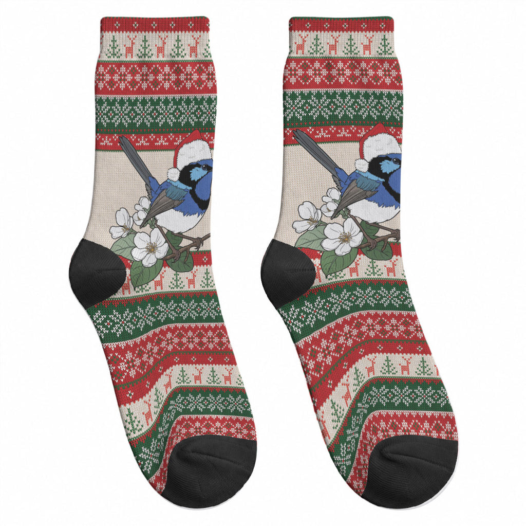 Aussie Fairy-wren Christmas Crew Socks Festive Knitted Pattern Inspired
