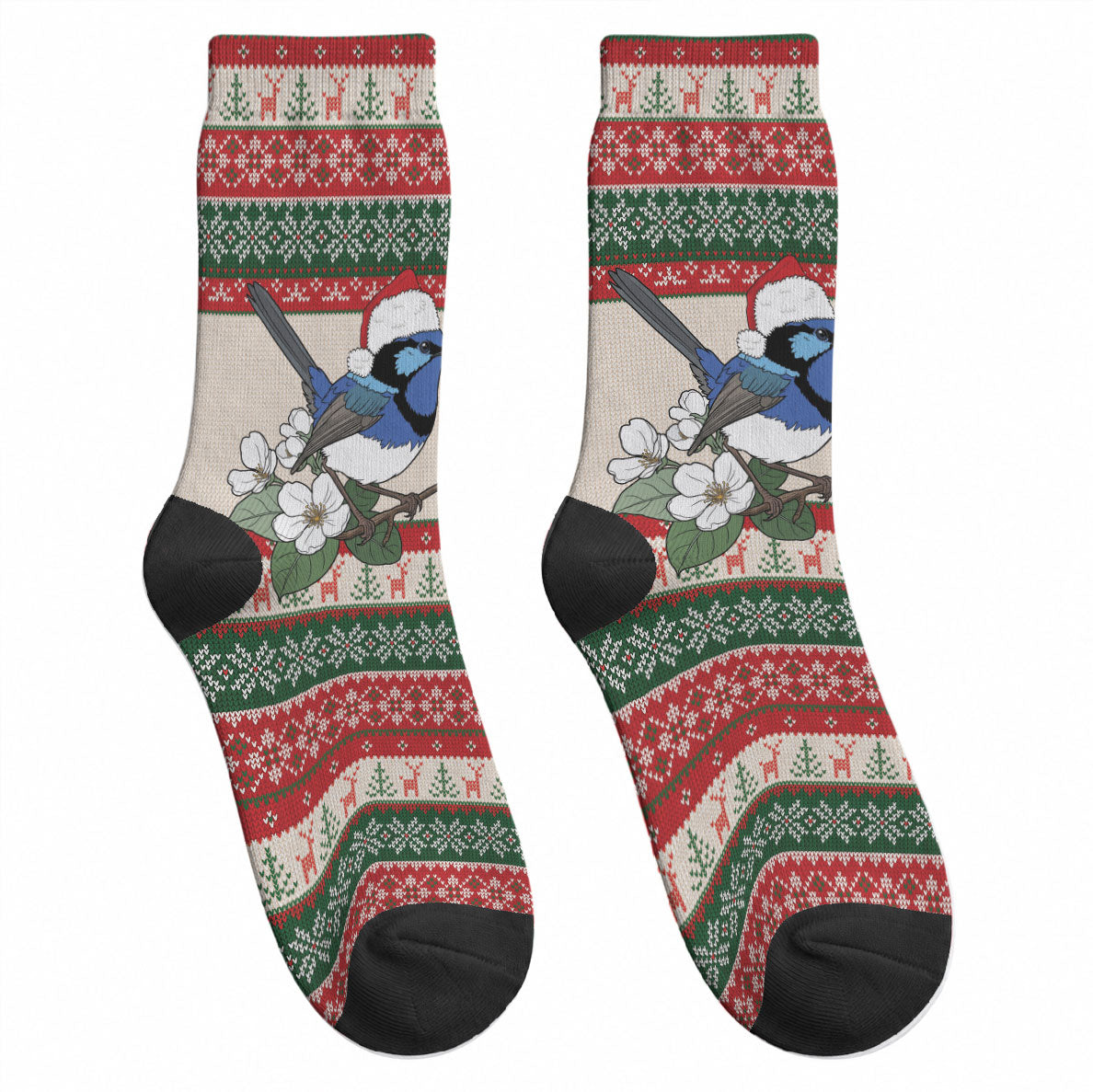 Aussie Fairy-wren Christmas Crew Socks Festive Knitted Pattern Inspired