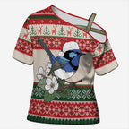 Aussie Fairy-wren Christmas Cross Shoulder Shirt Festive Knitted Pattern Inspired
