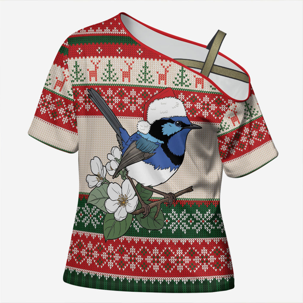 Aussie Fairy-wren Christmas Cross Shoulder Shirt Festive Knitted Pattern Inspired