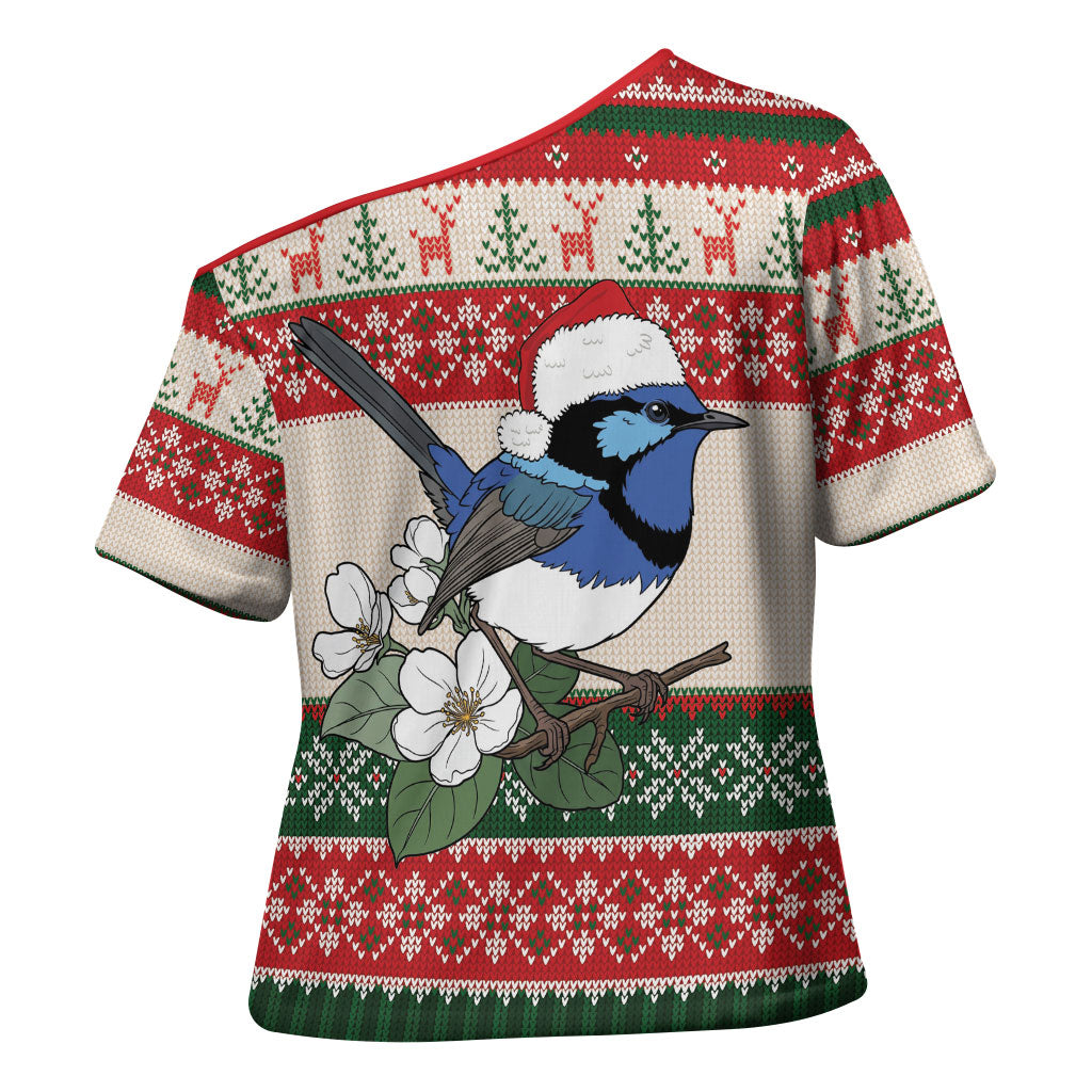 Aussie Fairy-wren Christmas Cross Shoulder Shirt Festive Knitted Pattern Inspired