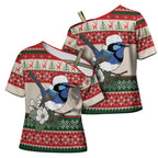Aussie Fairy-wren Christmas Cross Shoulder Shirt Festive Knitted Pattern Inspired