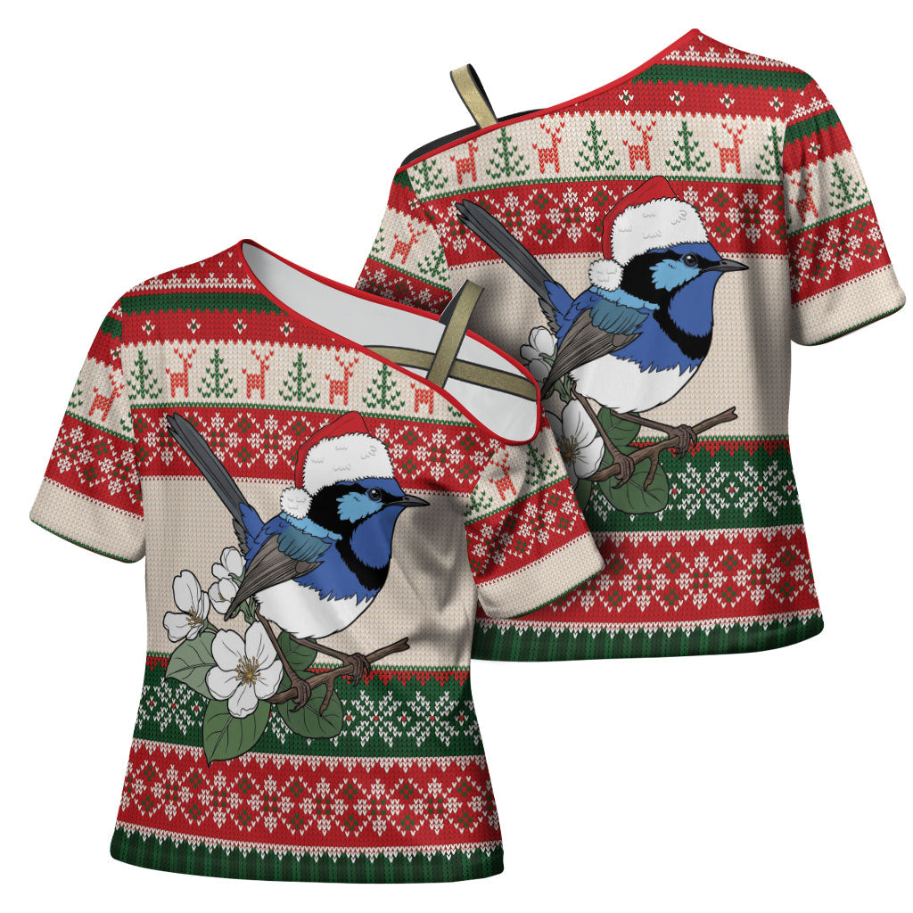 Aussie Fairy-wren Christmas Cross Shoulder Shirt Festive Knitted Pattern Inspired