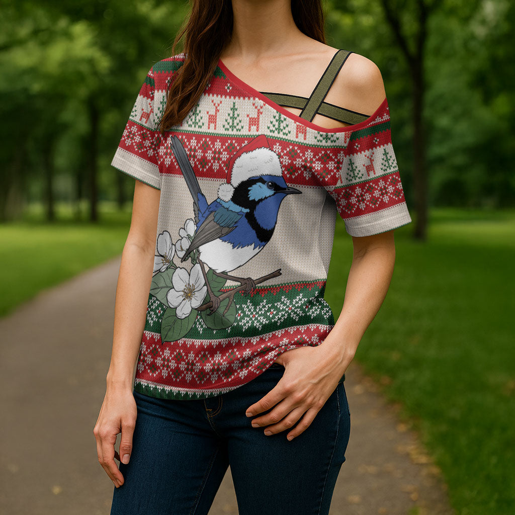 Aussie Fairy-wren Christmas Cross Shoulder Shirt Festive Knitted Pattern Inspired