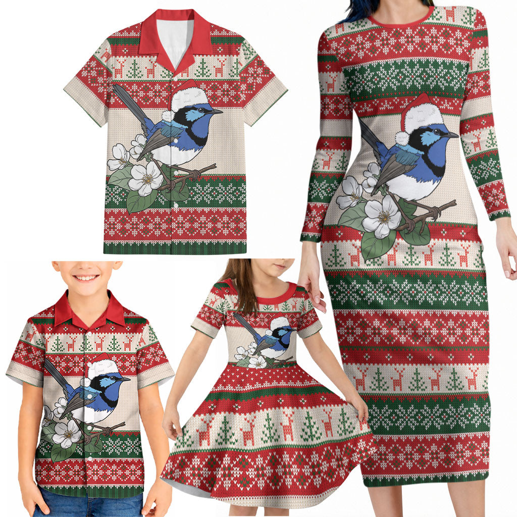 Aussie Fairy-wren Christmas Family Matching Long Sleeve Bodycon Dress and Hawaiian Shirt Festive Knitted Pattern Inspired