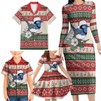 Aussie Fairy-wren Christmas Family Matching Long Sleeve Bodycon Dress and Hawaiian Shirt Festive Knitted Pattern Inspired