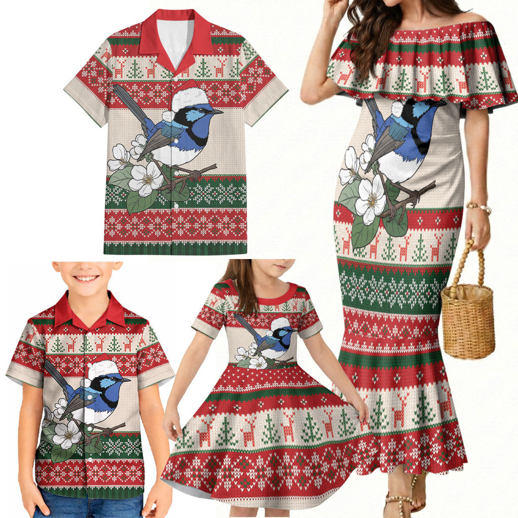 Aussie Fairy-wren Christmas Family Matching Mermaid Dress and Hawaiian Shirt Festive Knitted Pattern Inspired