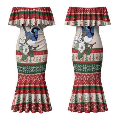 Aussie Fairy-wren Christmas Family Matching Mermaid Dress and Hawaiian Shirt Festive Knitted Pattern Inspired