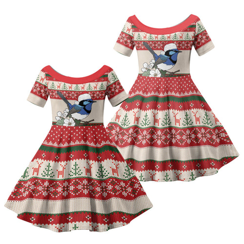Aussie Fairy-wren Christmas Family Matching Mermaid Dress and Hawaiian Shirt Festive Knitted Pattern Inspired