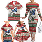 Aussie Fairy-wren Christmas Family Matching Off The Shoulder Long Sleeve Dress and Hawaiian Shirt Festive Knitted Pattern Inspired