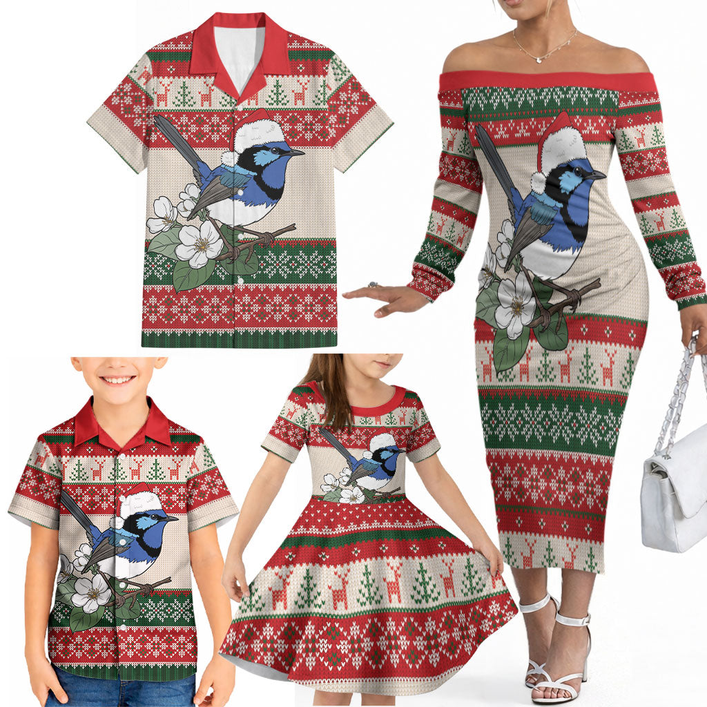 Aussie Fairy-wren Christmas Family Matching Off The Shoulder Long Sleeve Dress and Hawaiian Shirt Festive Knitted Pattern Inspired