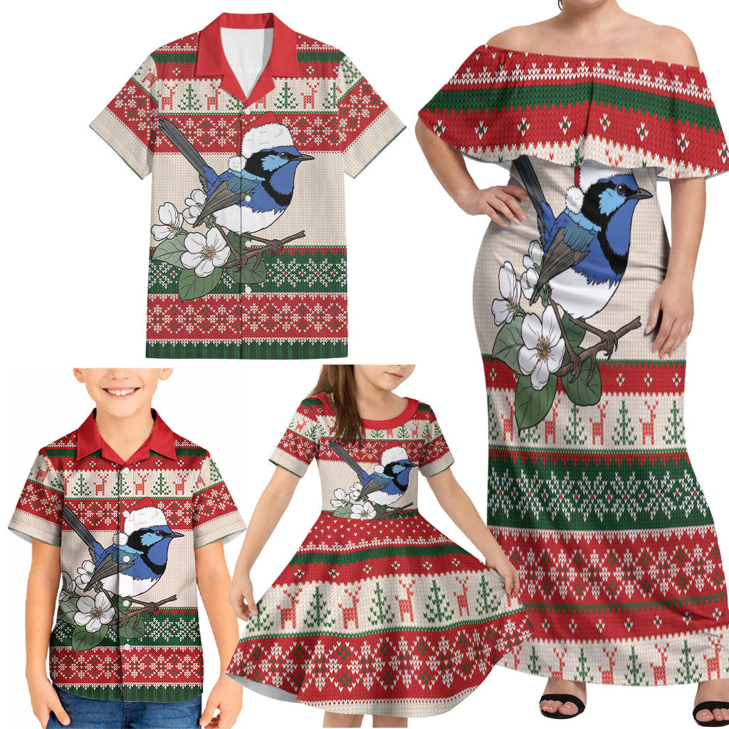 Aussie Fairy-wren Christmas Family Matching Off Shoulder Maxi Dress and Hawaiian Shirt Festive Knitted Pattern Inspired