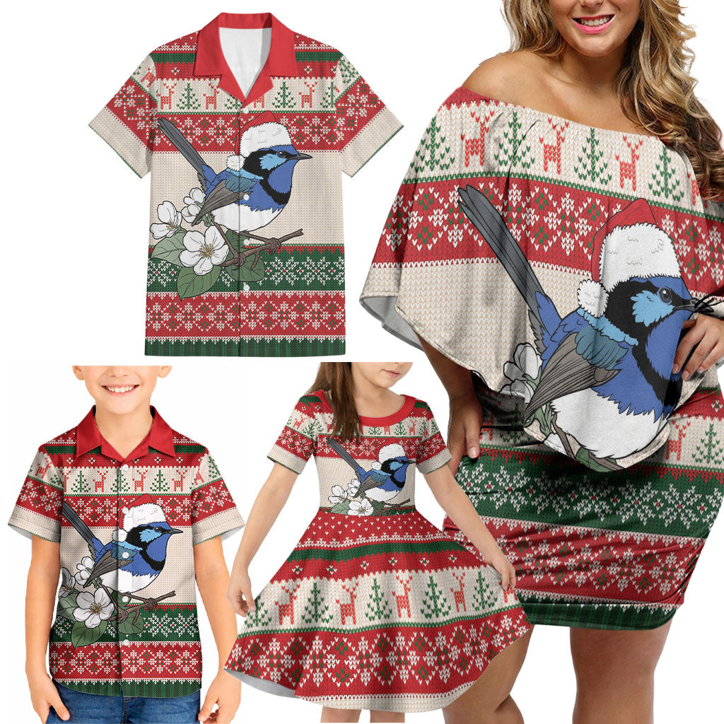 Aussie Fairy-wren Christmas Family Matching Off Shoulder Short Dress and Hawaiian Shirt Festive Knitted Pattern Inspired