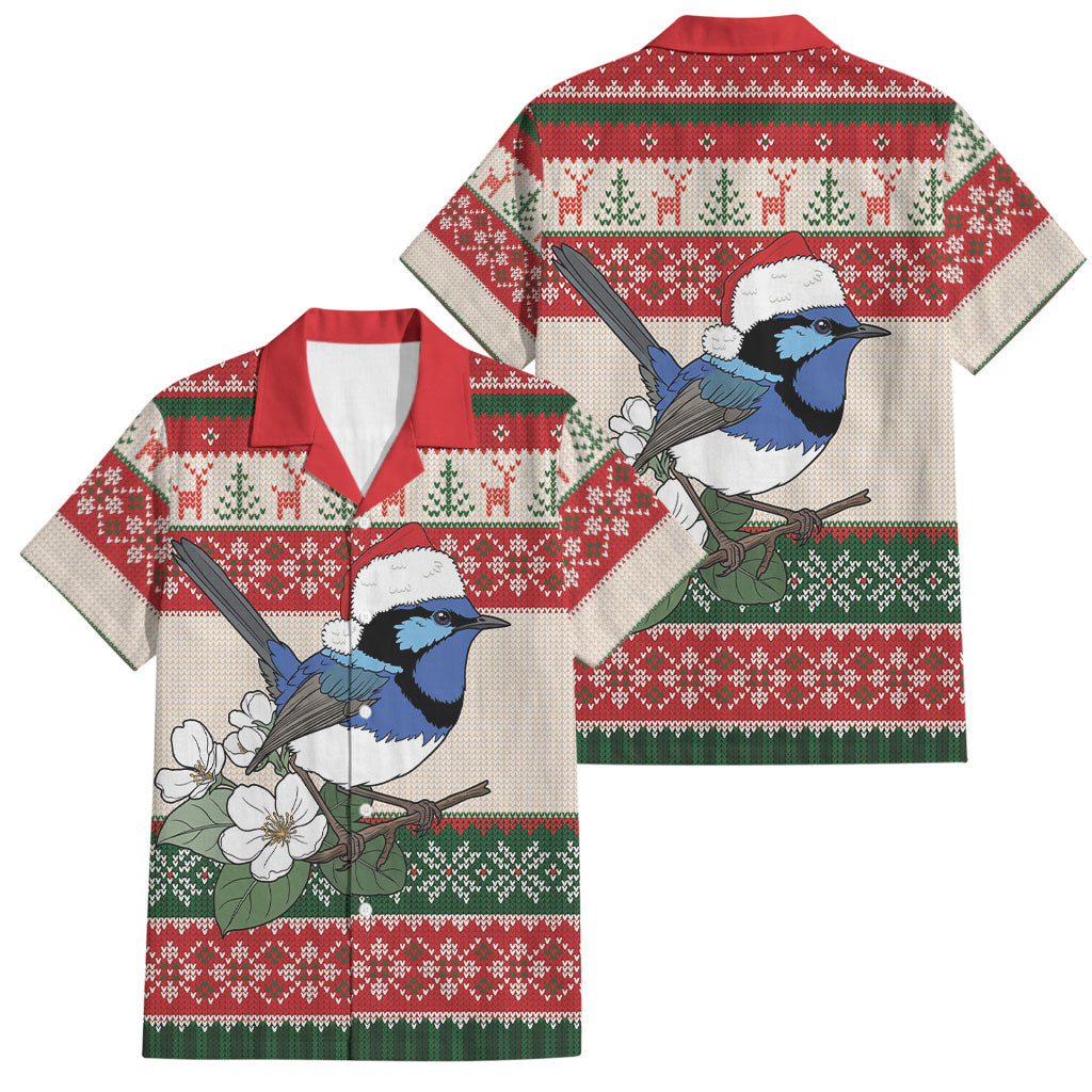 Aussie Fairy-wren Christmas Family Matching Off Shoulder Short Dress and Hawaiian Shirt Festive Knitted Pattern Inspired