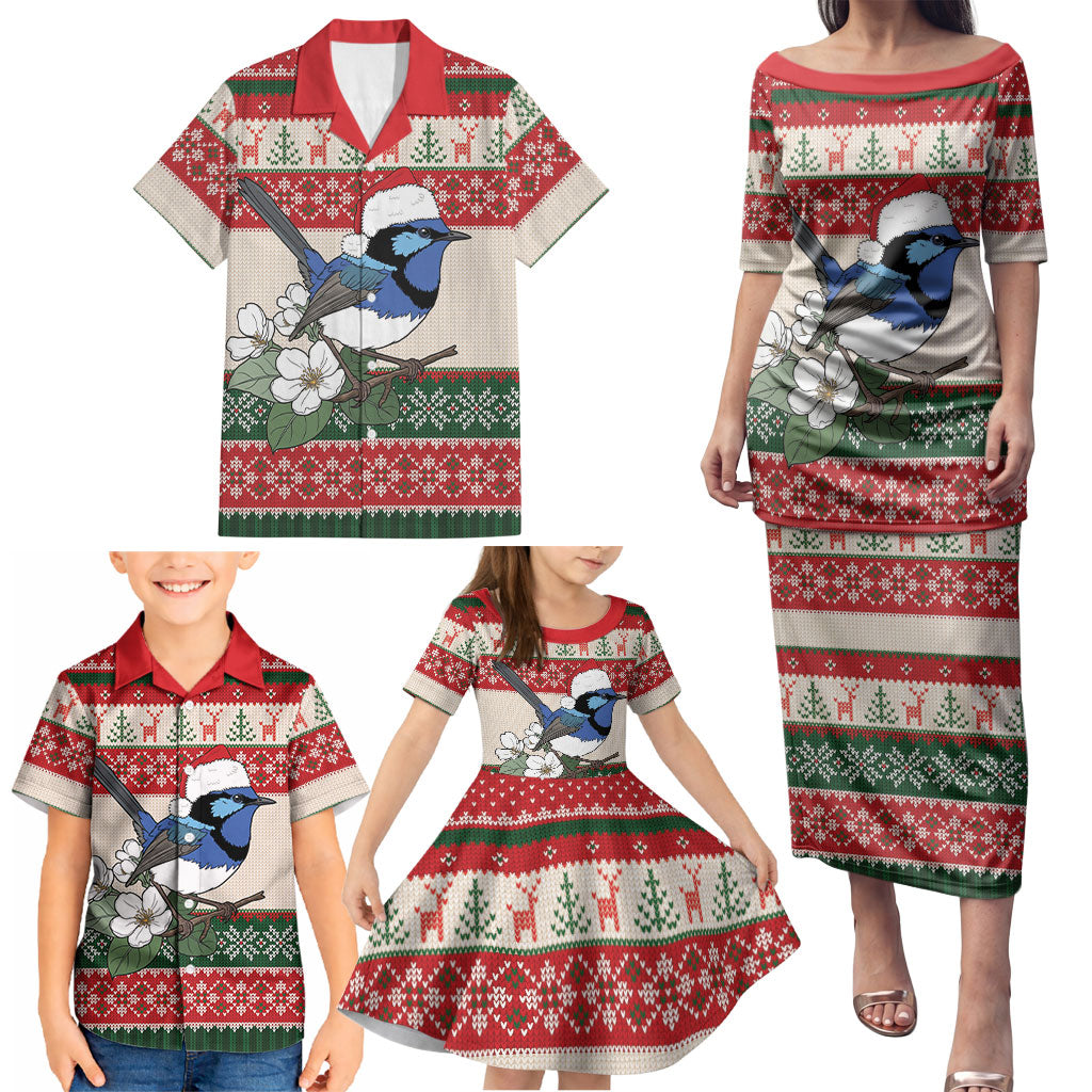 Aussie Fairy-wren Christmas Family Matching Puletasi and Hawaiian Shirt Festive Knitted Pattern Inspired