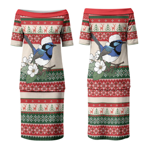 Aussie Fairy-wren Christmas Family Matching Puletasi and Hawaiian Shirt Festive Knitted Pattern Inspired