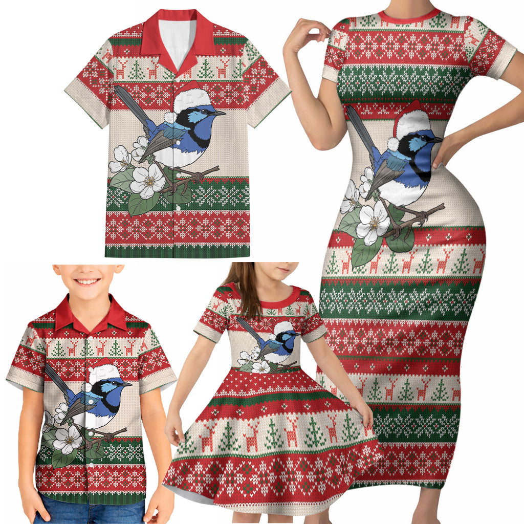 Aussie Fairy-wren Christmas Family Matching Short Sleeve Bodycon Dress and Hawaiian Shirt Festive Knitted Pattern Inspired