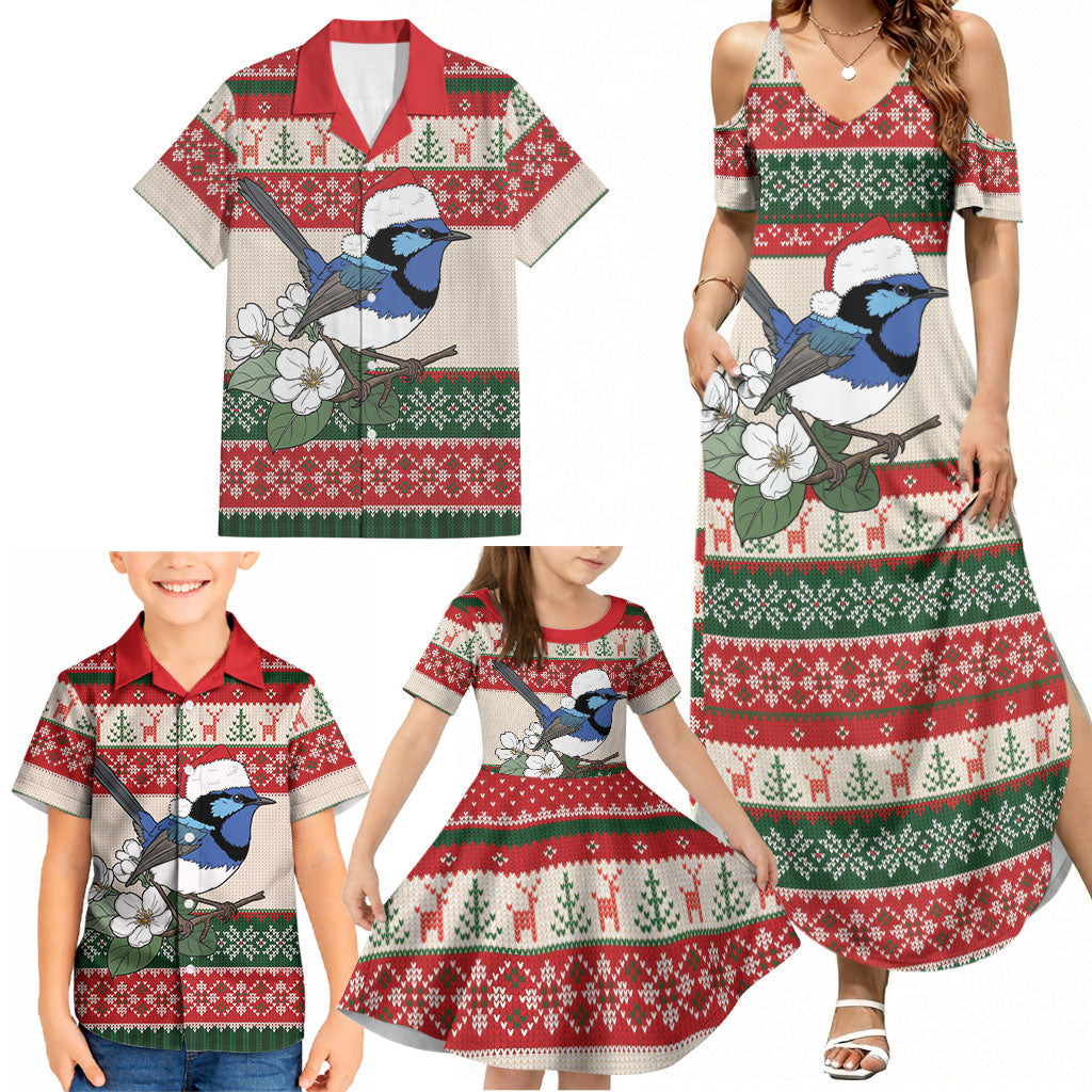 Aussie Fairy-wren Christmas Family Matching Summer Maxi Dress and Hawaiian Shirt Festive Knitted Pattern Inspired