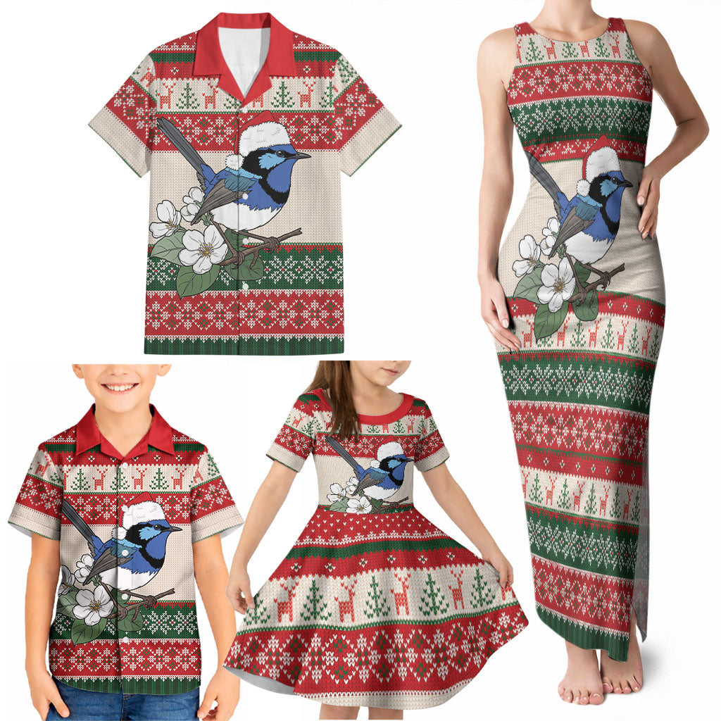 Aussie Fairy-wren Christmas Family Matching Tank Maxi Dress and Hawaiian Shirt Festive Knitted Pattern Inspired