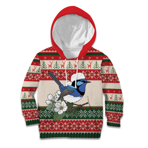 Aussie Fairy-wren Christmas Kid Hoodie Festive Knitted Pattern Inspired