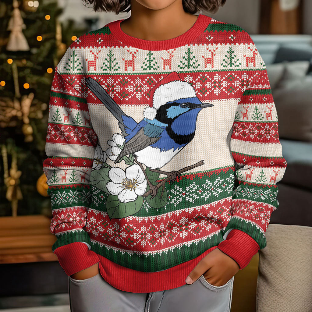 Aussie Fairy-wren Christmas Kid Ugly Christmas Sweater Festive Knitted Pattern Inspired