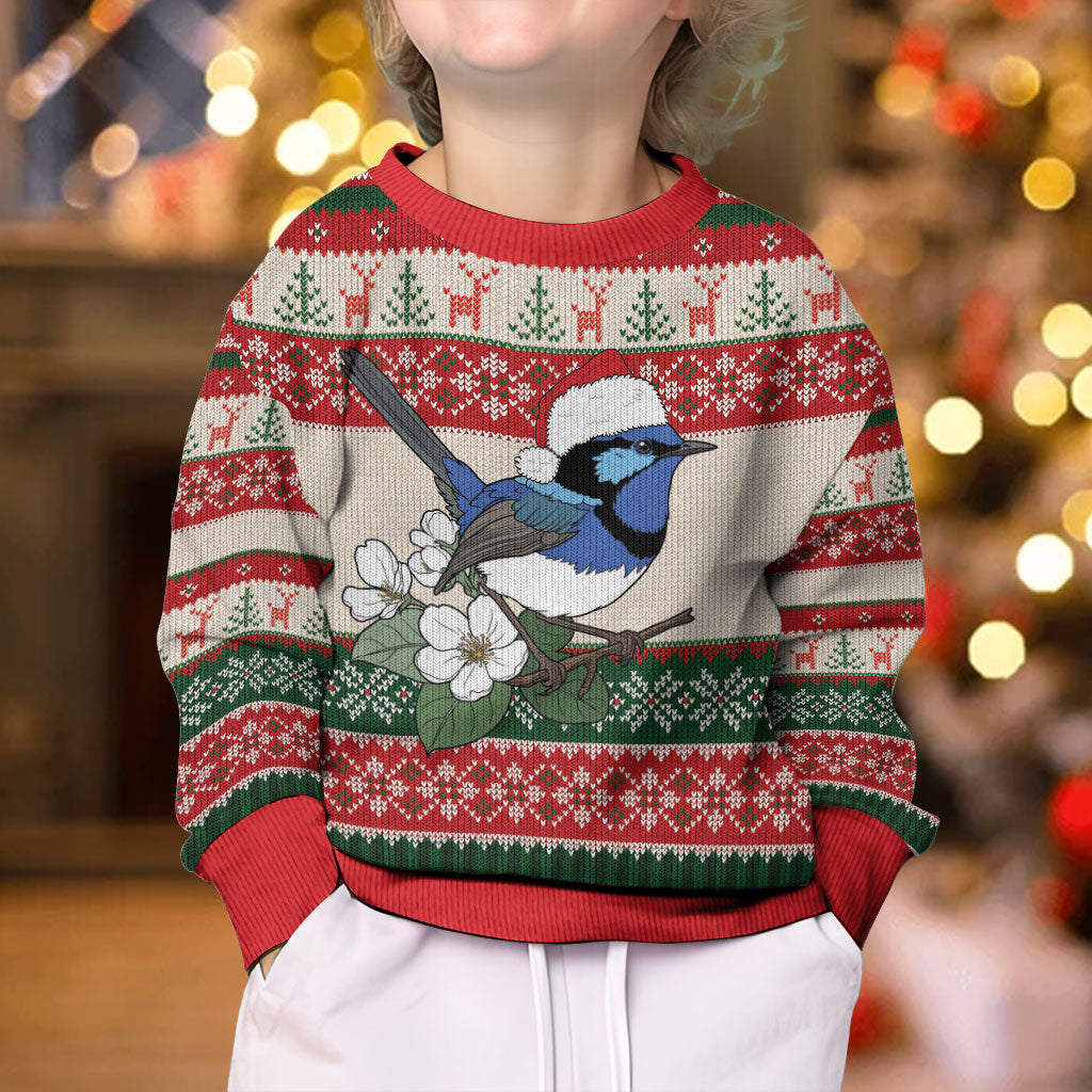 Aussie Fairy-wren Christmas Kid Ugly Christmas Sweater Festive Knitted Pattern Inspired