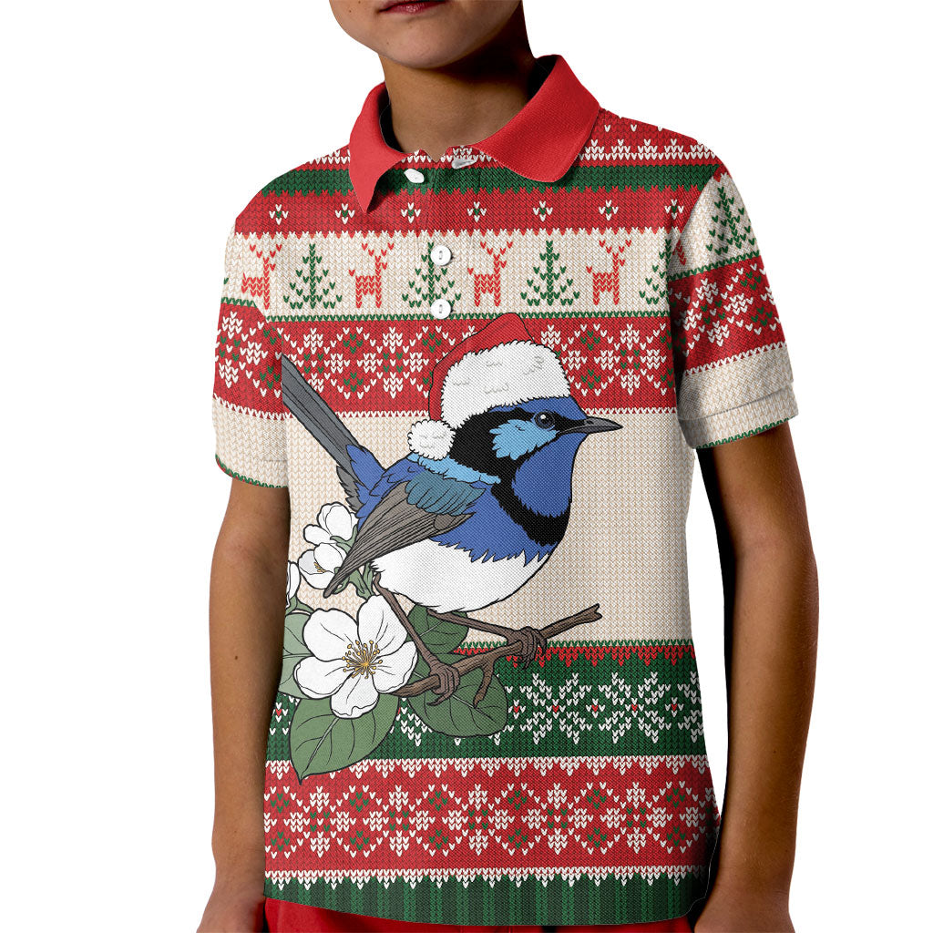 Aussie Fairy-wren Christmas Kid Polo Shirt Festive Knitted Pattern Inspired