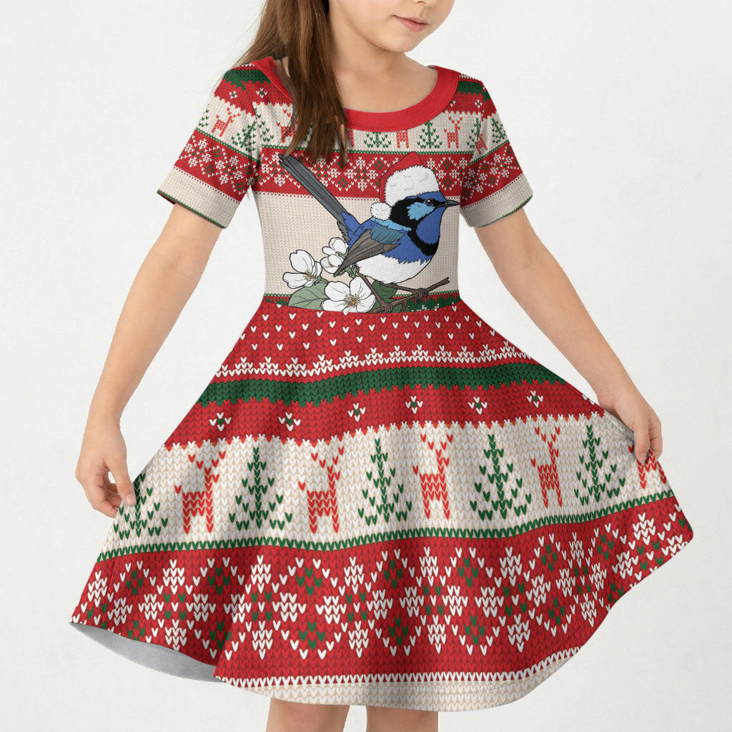 Aussie Fairy-wren Christmas Kid Short Sleeve Dress Festive Knitted Pattern Inspired