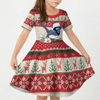 Aussie Fairy-wren Christmas Kid Short Sleeve Dress Festive Knitted Pattern Inspired