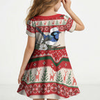 Aussie Fairy-wren Christmas Kid Short Sleeve Dress Festive Knitted Pattern Inspired