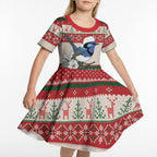 Aussie Fairy-wren Christmas Kid Short Sleeve Dress Festive Knitted Pattern Inspired