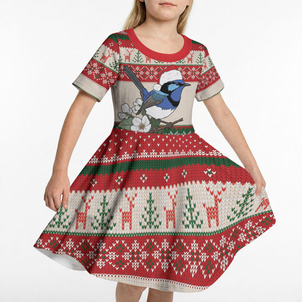 Aussie Fairy-wren Christmas Kid Short Sleeve Dress Festive Knitted Pattern Inspired