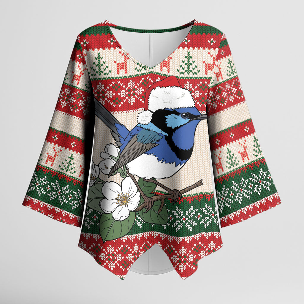 Aussie Fairy-wren Christmas Kimono Sleeve Blouse Festive Knitted Pattern Inspired