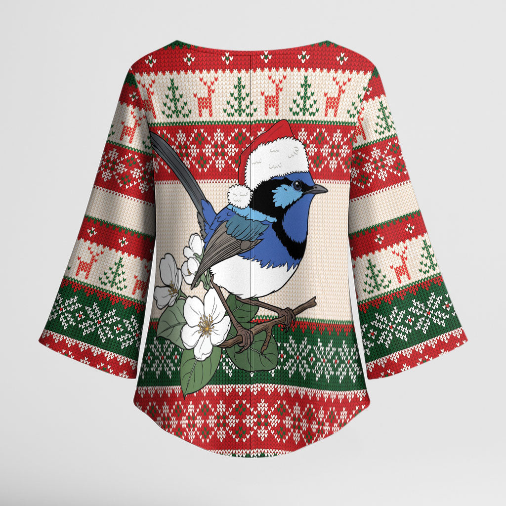 Aussie Fairy-wren Christmas Kimono Sleeve Blouse Festive Knitted Pattern Inspired