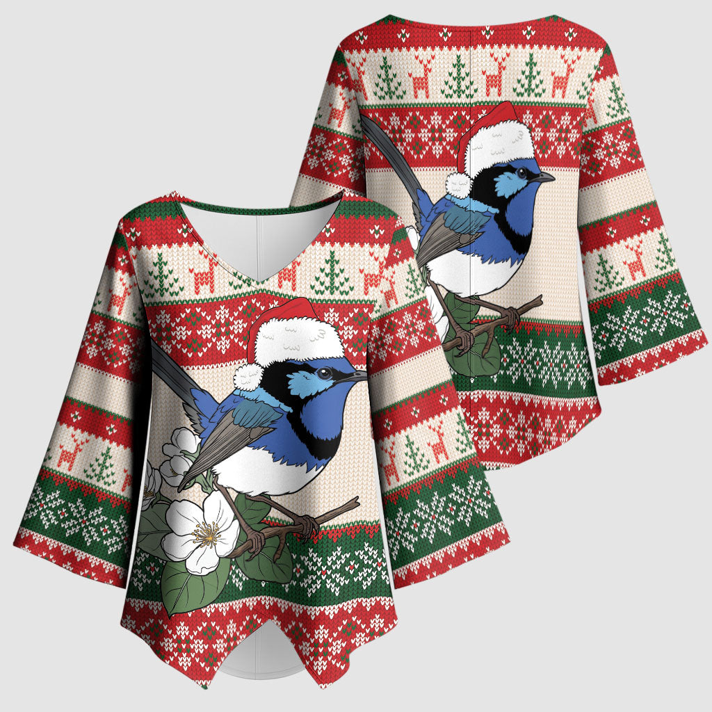 Aussie Fairy-wren Christmas Kimono Sleeve Blouse Festive Knitted Pattern Inspired