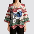 Aussie Fairy-wren Christmas Kimono Sleeve Blouse Festive Knitted Pattern Inspired
