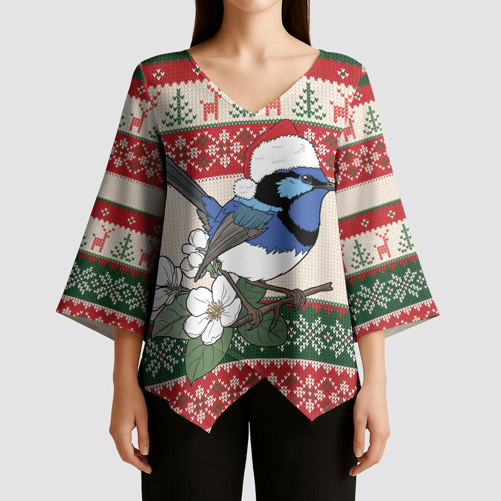 Aussie Fairy-wren Christmas Kimono Sleeve Blouse Festive Knitted Pattern Inspired