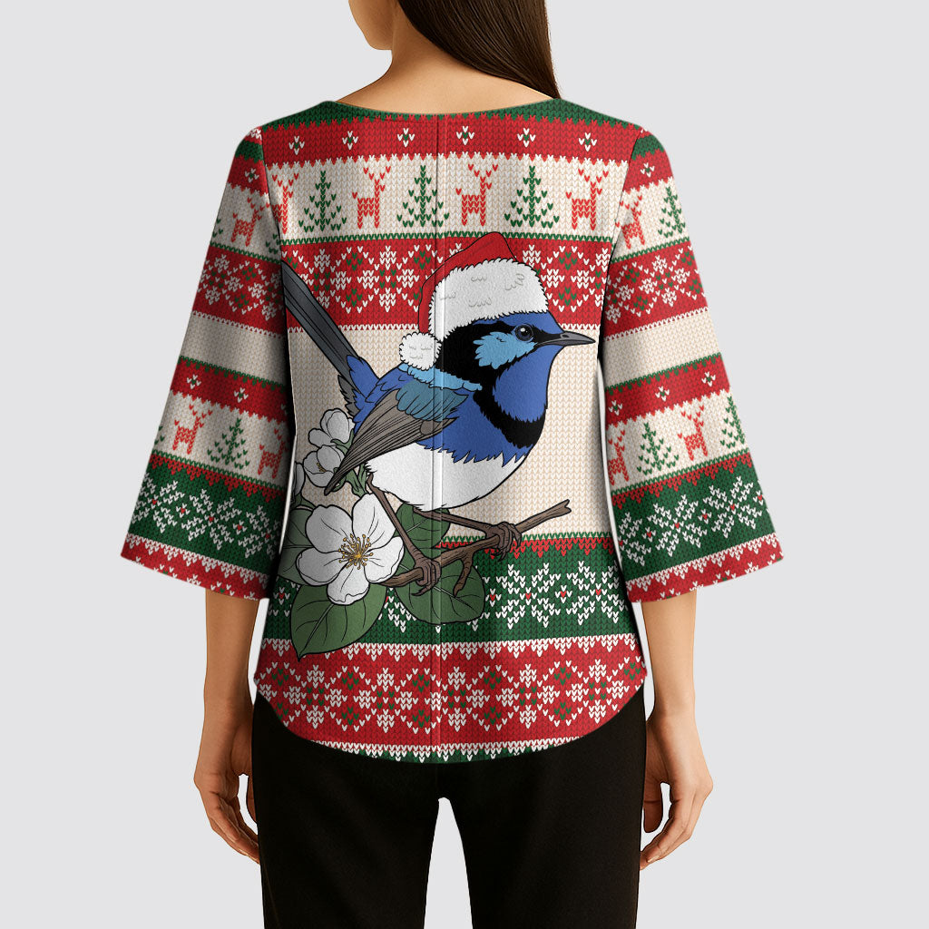 Aussie Fairy-wren Christmas Kimono Sleeve Blouse Festive Knitted Pattern Inspired